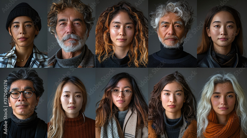Photo collage portrait of multiracial smiling people of different ages looking at the camera