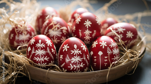 Photo of Greek Orthodox Easter celebration, traditional red eggs decorated with white patterns. photo