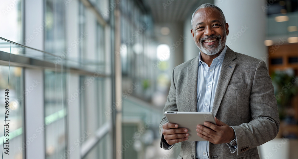 Smiling Middle-Aged African American Businessman Witness a happy middle-aged African American businessman standing in an office, radiating positivity and confidence with charming smile. generative ai Smiling Middle-Aged African American Businessman Witness a happy middle-aged African American businessman standing in an office, radiating positivity and confidence with charming smile. generative ai