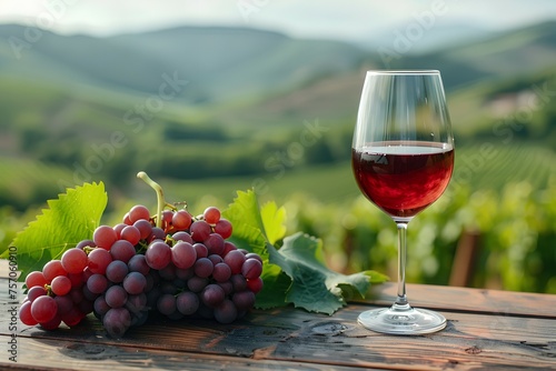 Wooden tabletop with a glass of red wine and a bunch of grapes with leaves