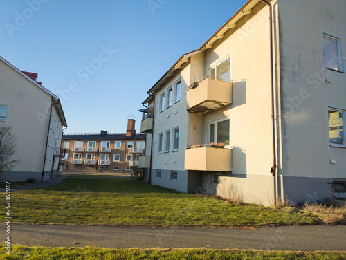Cozy low-rise residential buildings, European architecture. Quiet and comfortable residential area in a little town.