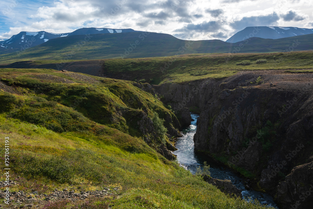 Icelandic landscape with river and mountains in summer. Iceland. Icelandic landscape with river and mountains in summer. Iceland.