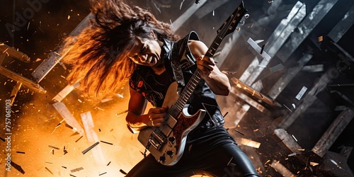 A heavy metal musician channels the intensity of the music through their guitar, igniting the crowd with each thunderous chord photo