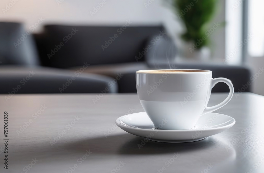 White copyspace cup. Cup in light interior on the table White copyspace cup. Cup in light interior on the table