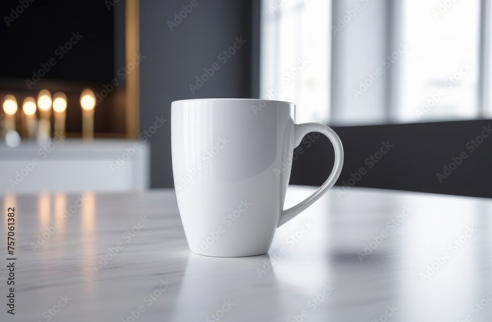 White copyspace cup. Cup in light interior on the table White copyspace cup. Cup in light interior on the table