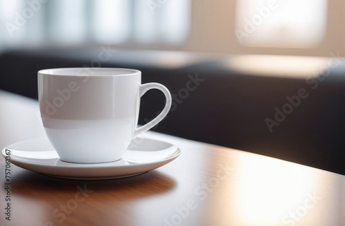 White copyspace cup. Cup in light interior on the table