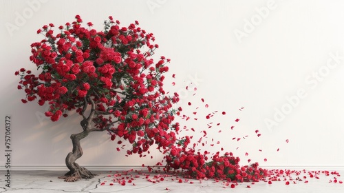 Professional photograph of falling roses with a white wall on the background.  photo