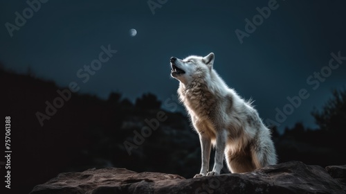 alone white wolf howl on a rock at night in forest background