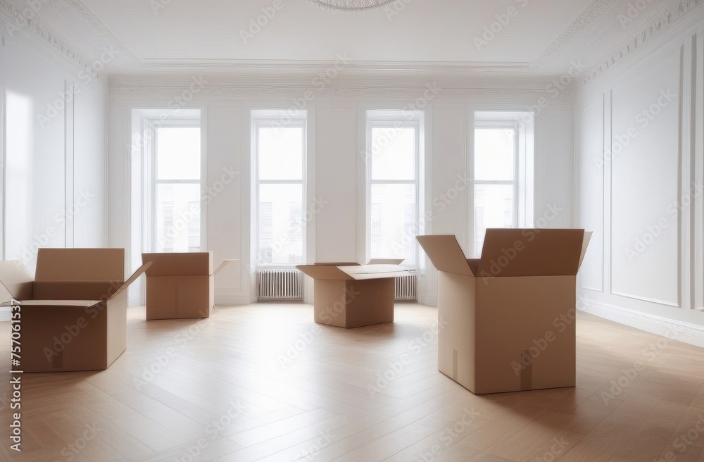 Cardboard boxes in a bright room. Moving concept. Boxes in a room a place for text Cardboard boxes in a bright room. Moving concept. Boxes in a room a place for text