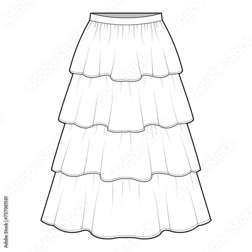 Tiered Skirt Flat Sketch Vector Design Illustration