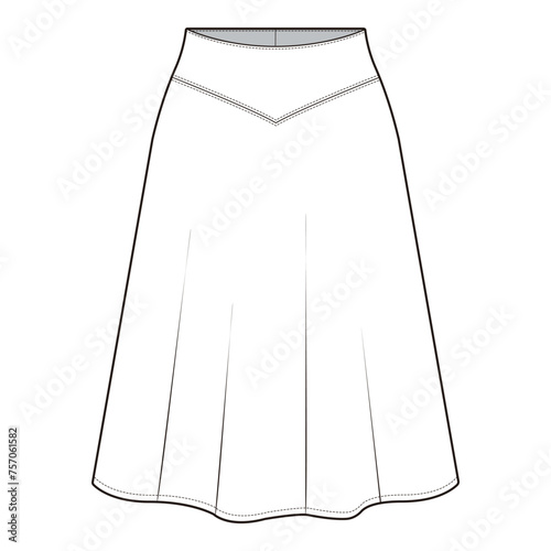 Yoke Flare Skirt Flat Sketch Vector Design Illustration