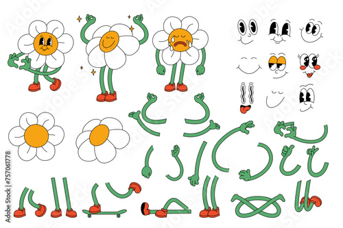 Vector set of groovy comic faces vector. Collection of cartoon daisy flowers character faces, leg, hand in different emotions happy, angry, sad, cheerful. Hippie character