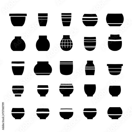 Vector set of black silhouettes of ceramic flowerpots isolated from background. Collection of clay pot silhouettes icons for pottery workshop