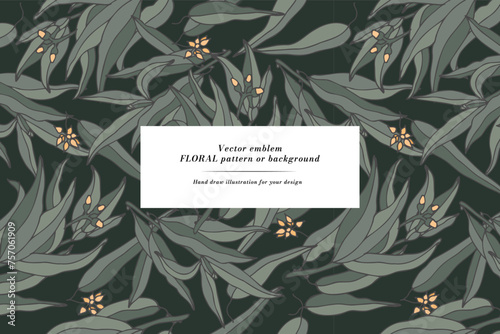 Vintage card with eucalyptus branches. Floral wreath. Flower frame for flower shop with label designs. Summer floral greeting card. Flowers background for cosmetics packaging