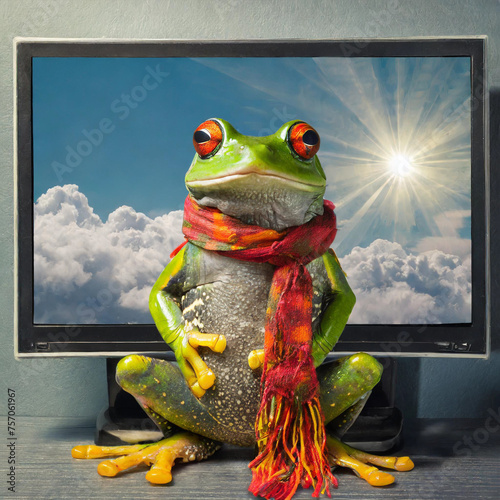 Ein Wetterfrosch mit Schal sitzt vor dem Fernseher mit Wolken und Sonne auf dem Bildschirm