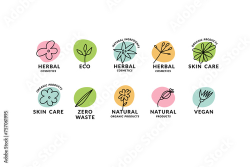 Vector linear set logos and labels template design for natural products and organic cosmetics. Outline marks for eco products