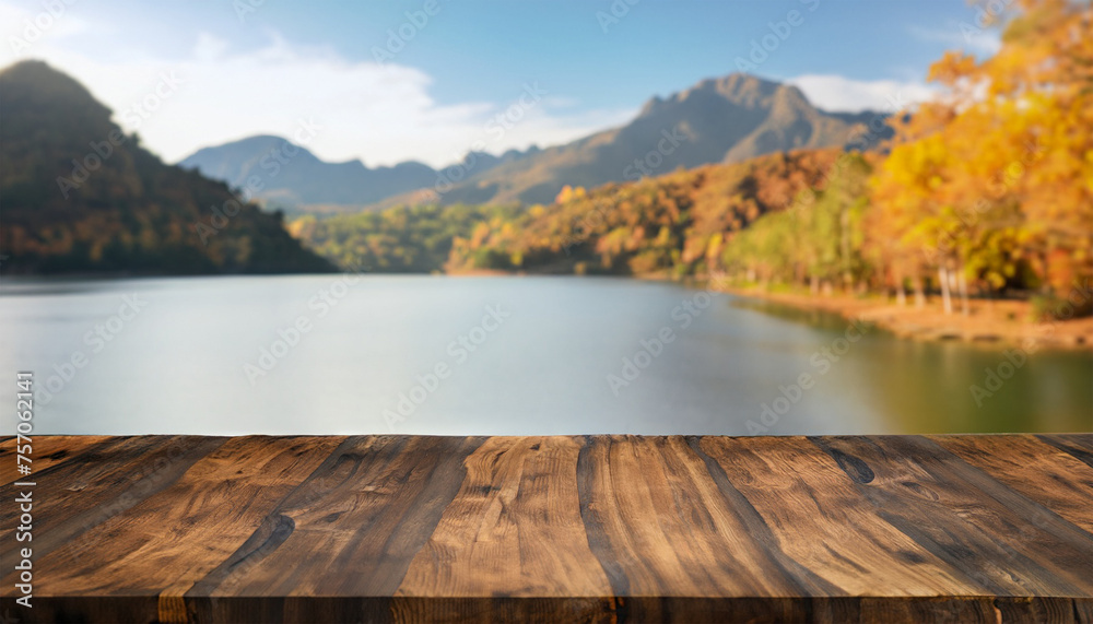 Empty Wooden Brown Table Top with Blurred Background of Sugarcane Plantation