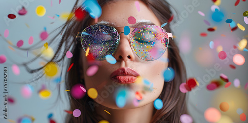 Creative photography, fashion closeup portrait of young woman with colorful confetti