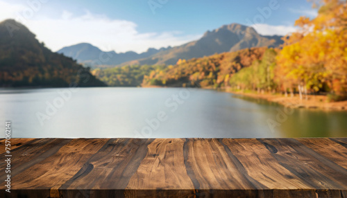 Empty Wooden Brown Table Top with Blurred Background of Sugarcane Plantation