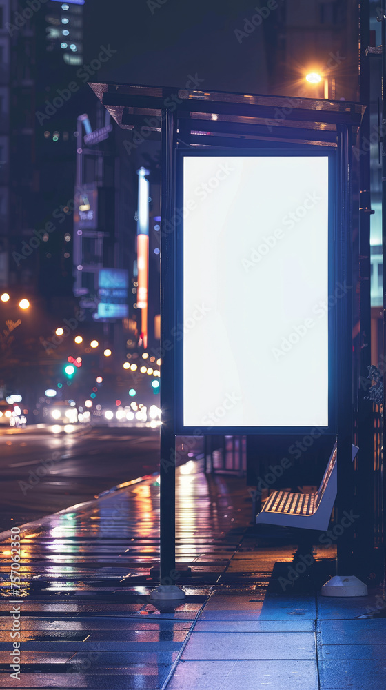 Blank City Bus Stop Billboard on a Rainy Evening