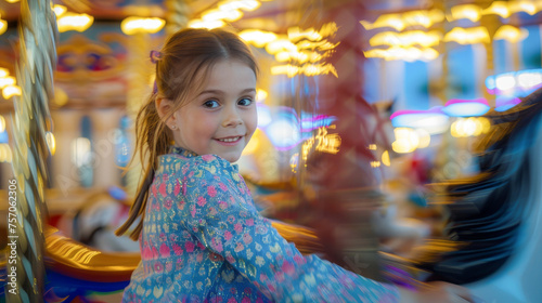 Smiling Girl Enjoying Carousel Ride at Amusement Park © artem