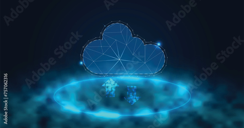 Large vector cloud image set against a deep blue backdrop. The clouds are covered in mist and float atop blue neon lights.