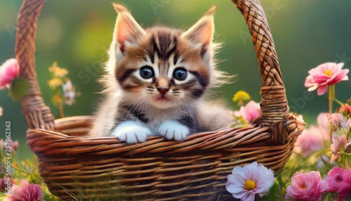 Tiny Adorable Cat in a Basket on the Flowery Ground