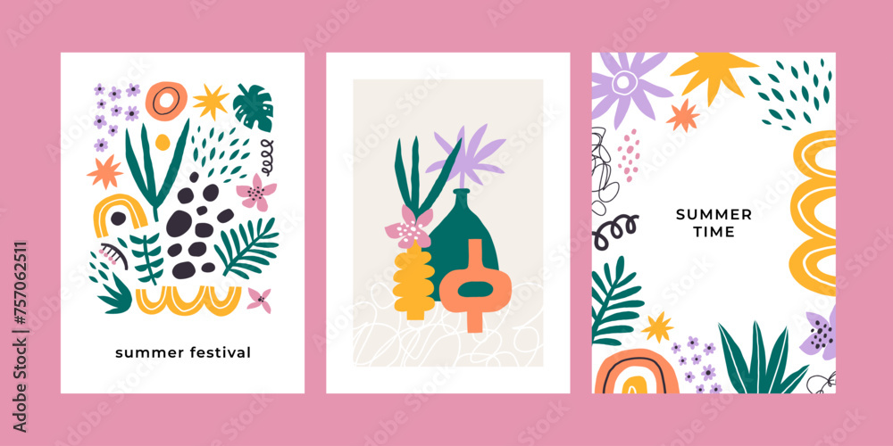 Set of minimalistic posters or cards with tropical leaves and abstract shapes. 