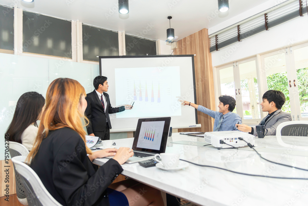 Diverse Office Conference Room Meeting e-Commerce Fintech Growth Statistics to a Group of Investors. Whiteboard with Big Data Analysis