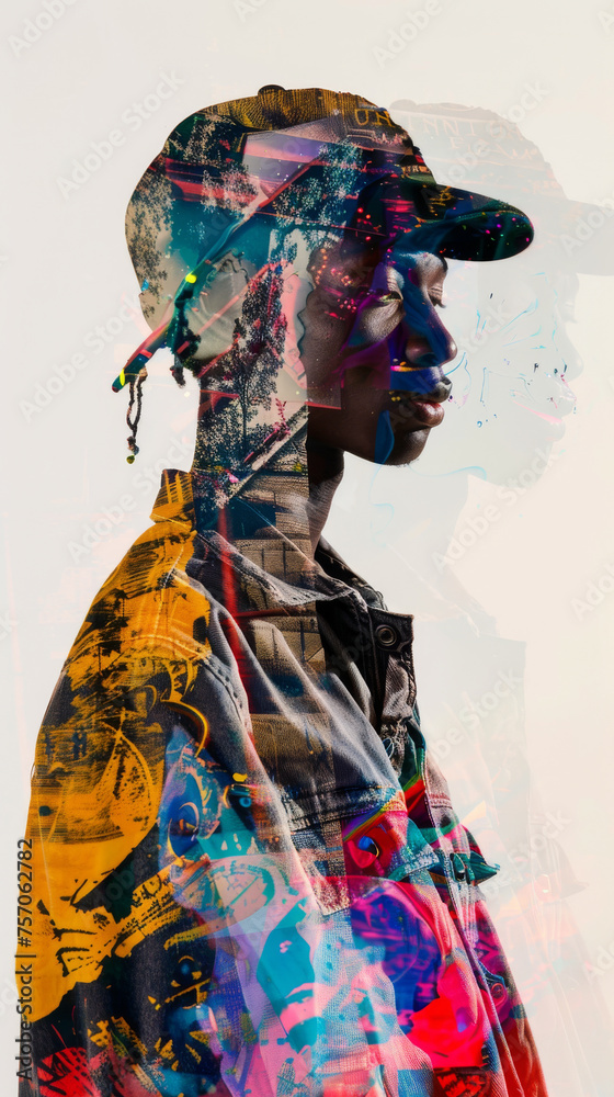 Obraz premium Colorful Urban Double Exposure Portrait of Young Man