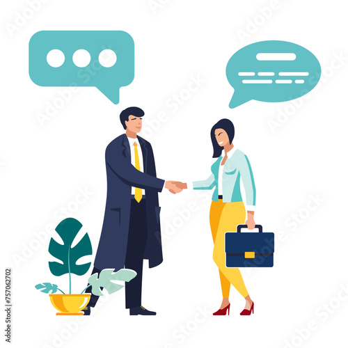 Vector illustration in flat style. Businessmen business people, man and woman with handshake agree to discuss social networks, news, chat, dialogues, words, thoughts. Brainstorming, finding solutions
