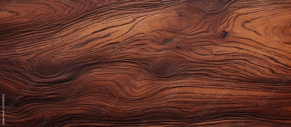Fototapeta premium Close up of a hardwood piece of wood with a beautiful swirl pattern. The brown wood stain brings out the intricate details, perfect for flooring or a unique landscape feature at any event