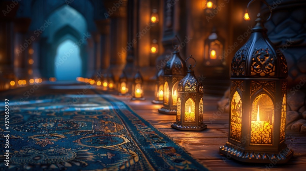 Fototapeta premium Ramadan background. Beautiful lanterns shining in mosque hall, bokeh background