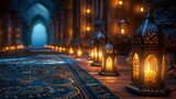 Ramadan background. Beautiful lanterns shining in mosque hall, bokeh background