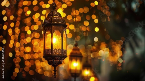 Ramadan background. Hanging shining lanterns, bokeh background