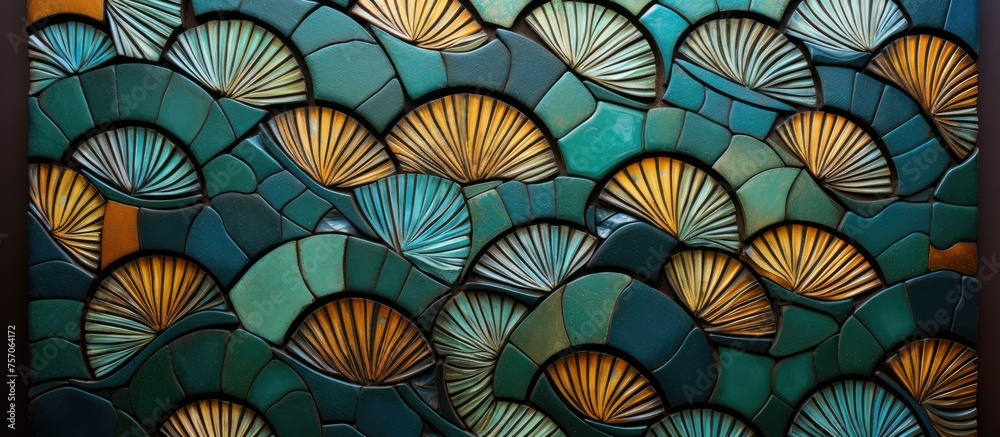 A closeup of a stained glass window depicting a pattern of seashells in electric blue and azure colors, inspired by the symmetry and beauty of nature A closeup of a stained glass window depicting a pattern of seashells in electric blue and azure colors, inspired by the symmetry and beauty of nature