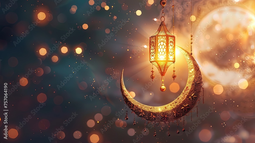 Ramadan background. Golden glowing lantern hanging with crescent moon decoration, night and moon background, bokeh background Ramadan background. Golden glowing lantern hanging with crescent moon decoration, night and moon background, bokeh background