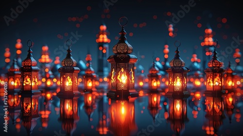 Ramadan background. rows of glowing lanterns cast shadowy reflections in the water © pengedarseni