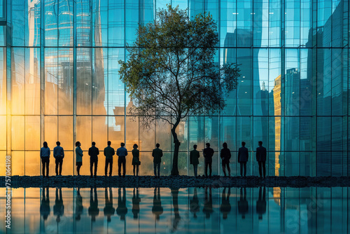The silhouetted figures of a corporate team stand before a reflective glass office building bathed in the warm glow of sunset