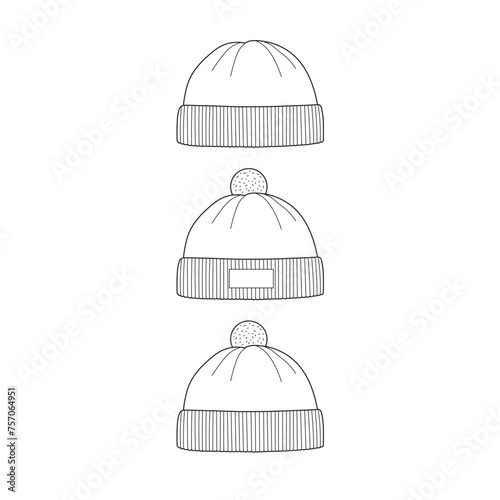 Hand drawn Kids drawing Cartoon Vector illustration different type of beanies Isolated on White Background