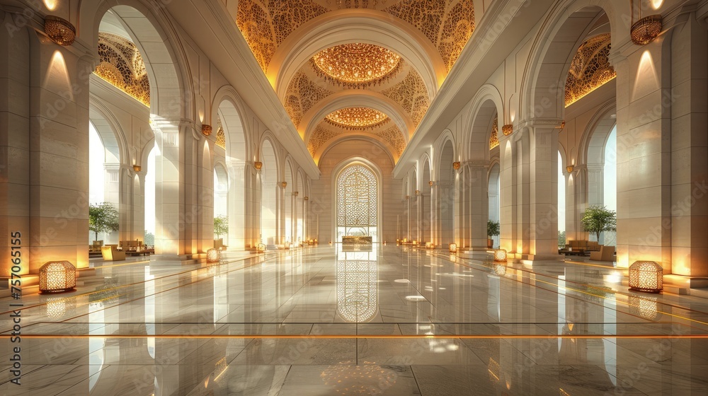 Elegant Mosque Hall: Ramadan Scene Showcasing the Opulence of the Mosque Interior