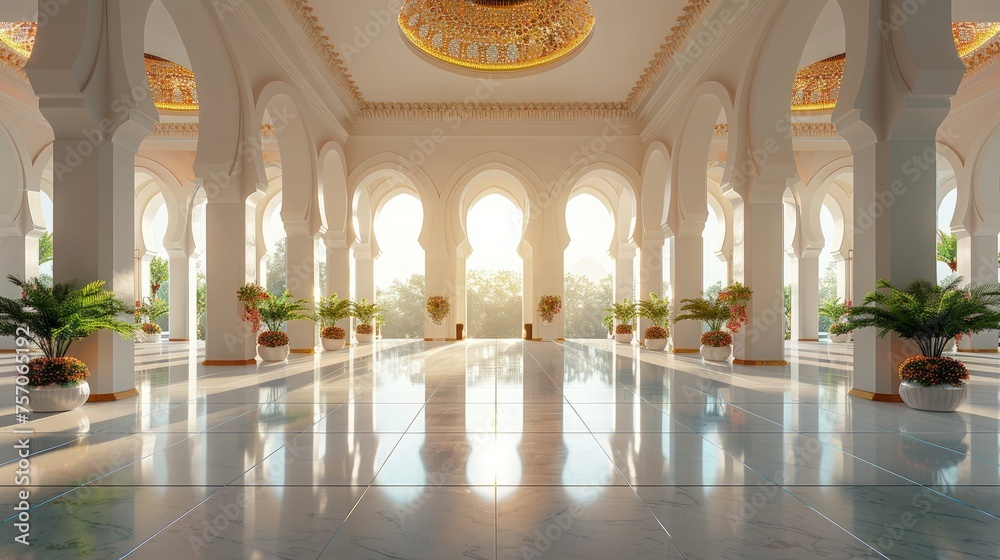 Majestic Mosque Ambiance: Ramadan Background Reflecting the Splendor of the Mosque Hall