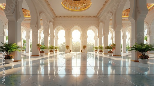 Majestic Mosque Ambiance  Ramadan Background Reflecting the Splendor of the Mosque Hall