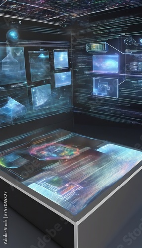 "Digital Illusions: Explore the Hologram Computer Interface" Imagine the future of computing: users interact with holographic displays in mid-air, blending physical and virtual worlds seamlessly,