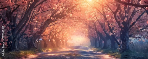 Sakura trees tunnel in early spring with sunset Generative Ai 