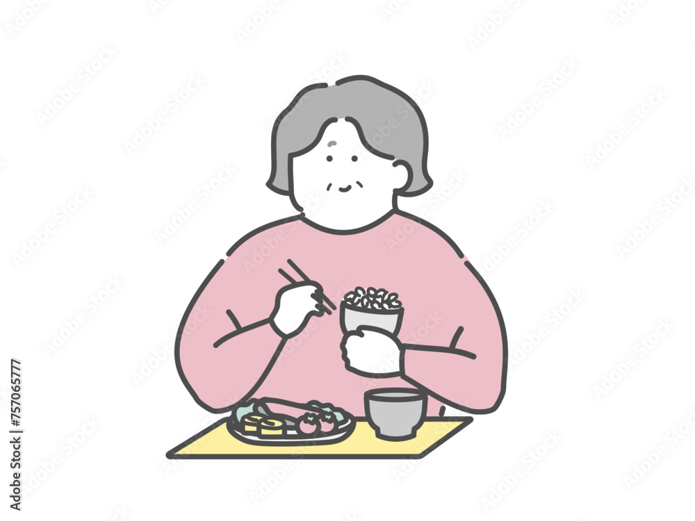 食事をする高齢女性　介護イラスト
