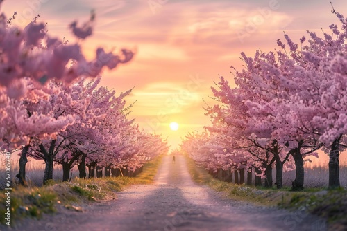 Sakura trees tunnel in early spring with sunset Generative Ai 