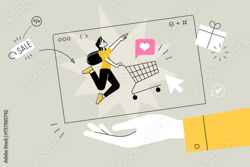 Business concept illustration. Vector illustration of e-commerce, online shopping, sale. Creative concept for web banner, social media banner, business presentation, marketing material. 