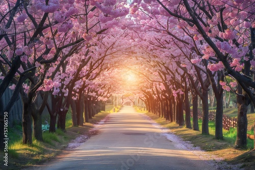 Sakura trees tunnel in early spring with sunset Generative Ai  © LayerAce.com
