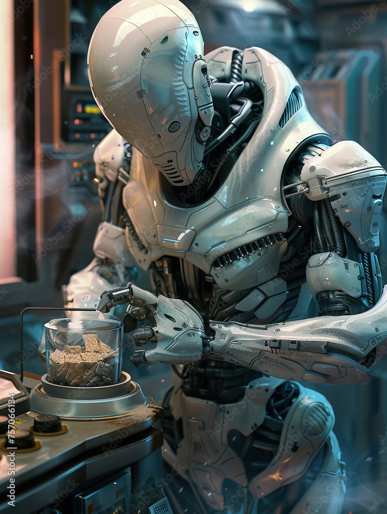 Fototapeta premium A humanoid alien in high-tech armor indulging in a snack blender